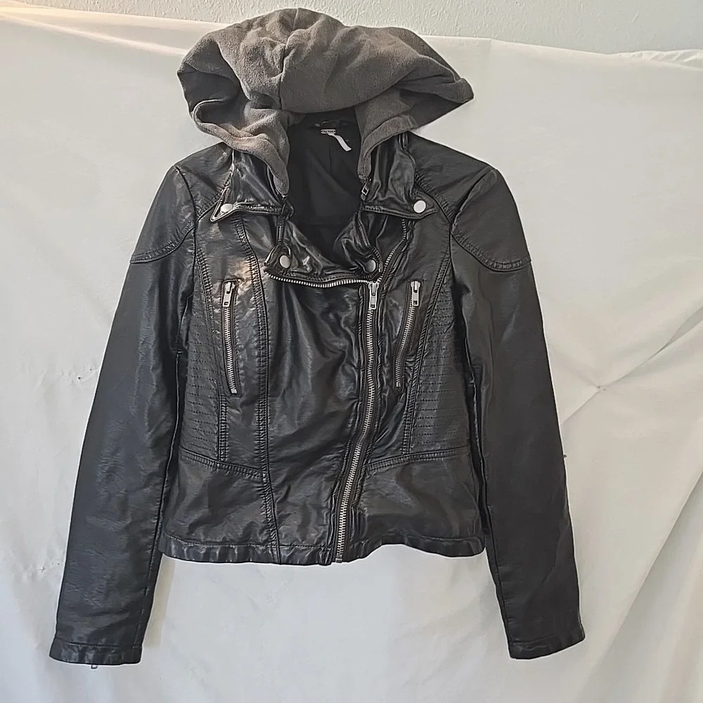 Free‎ People Soft Leather Jacket Moto Bomber Detachable Hood Black Size 4